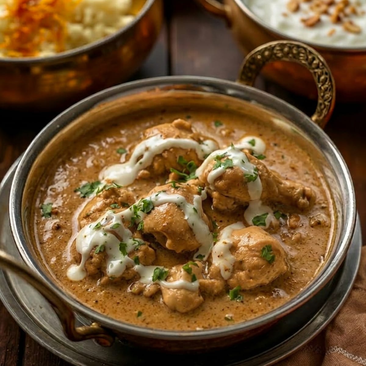 Chicken makhani in brown makhni sauce.